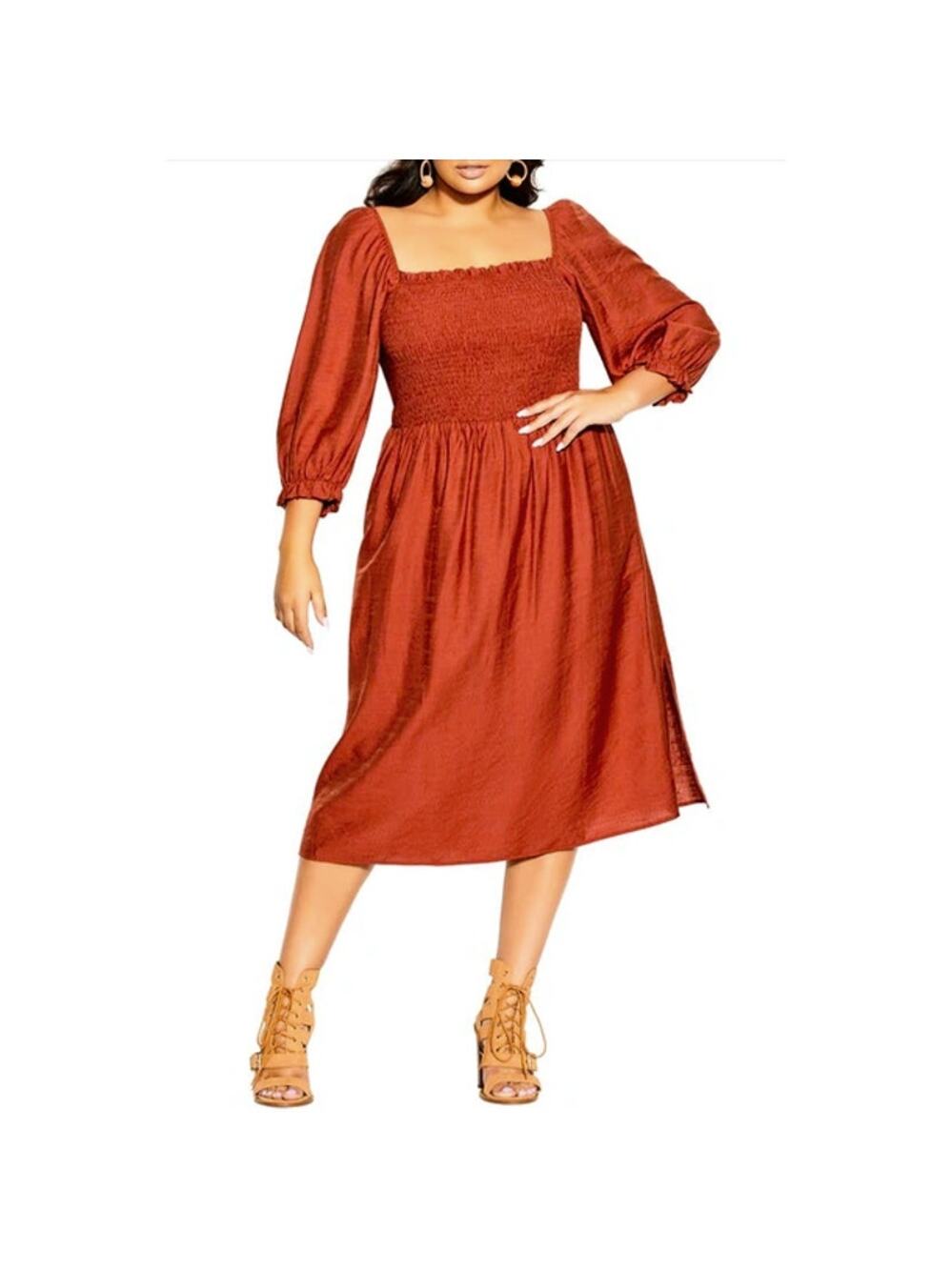 NWT City Chic Smocked Puff Sleeve Fearless Midi Dress in Caramel Size XXS 12
